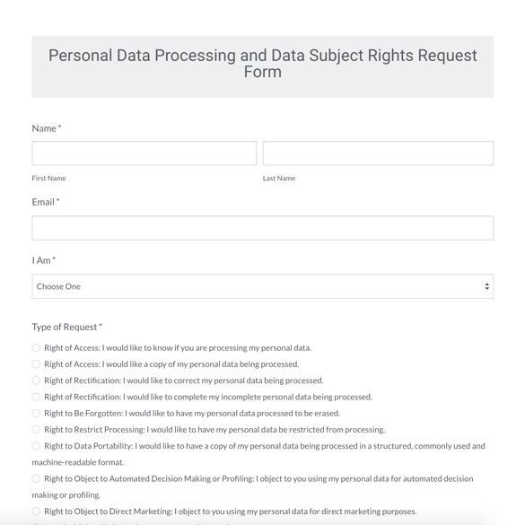 GDPR Compliant Personal Data Processing and Data Subject Rights Request Form graphic
